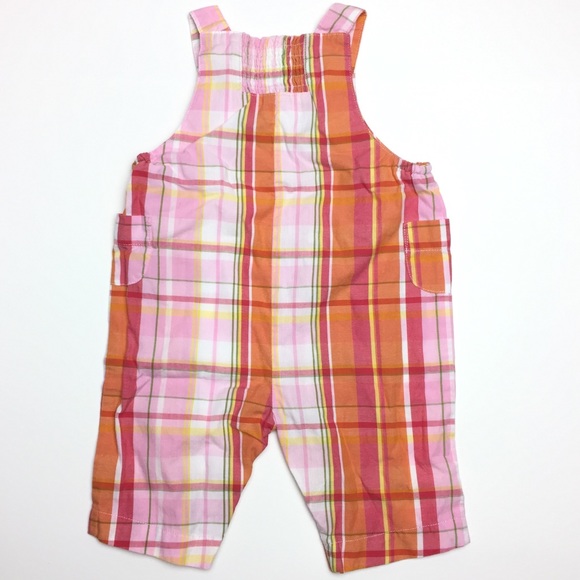 Orange Pink Plaid Overall Romper Cotton with Snaps - Picture 2 of 3